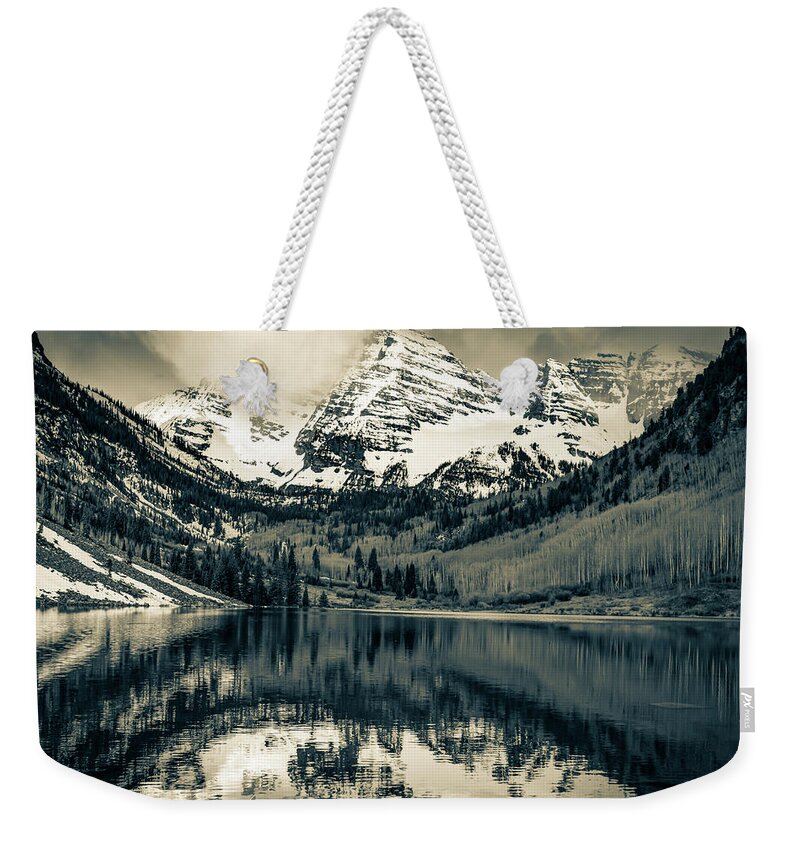 Mountain Landscape Weekender Tote Bag featuring the photograph Snow Capped Mountain Peaks - Maroon Bells in Sepia by Gregory Ballos