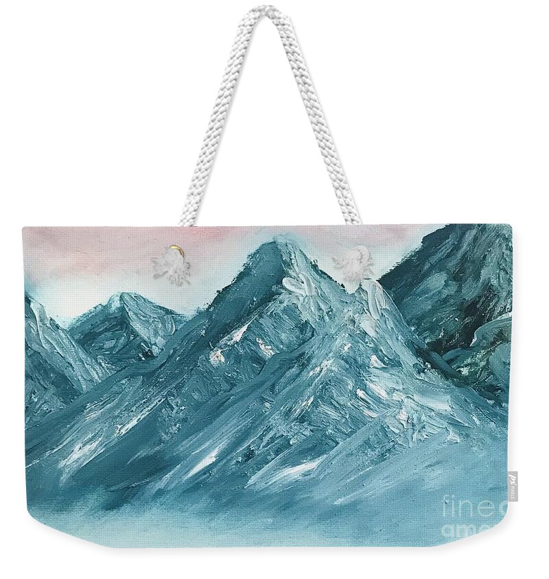 Oil Painting Of Snow On The Mountain Peaks Weekender Tote Bag featuring the painting Snow on the Mountains by Lavender Liu