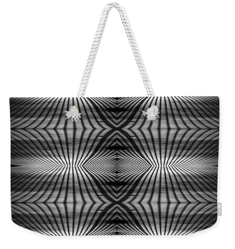 Abstract Mirrored Geometry B&w Black And White Snow Patterns Shapes Modern Vertical Horizontal Weekender Tote Bag featuring the photograph Snow Shadows - Abstract mirrored shadow pattern cast by deck railing on fresh snow at night by Peter Herman