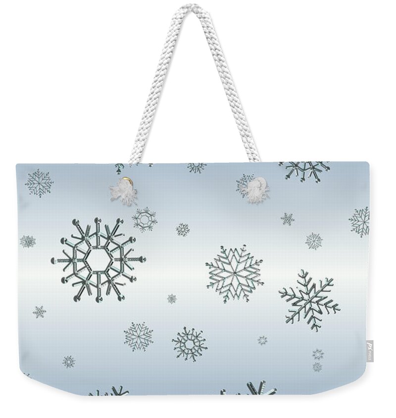 Snowflakes Weekender Tote Bag featuring the digital art Snowflakes On Blue by Rachel Hannah