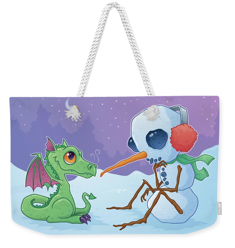 Cartoon Weekender Tote Bag featuring the digital art Snowman and Dragon by John Schwegel