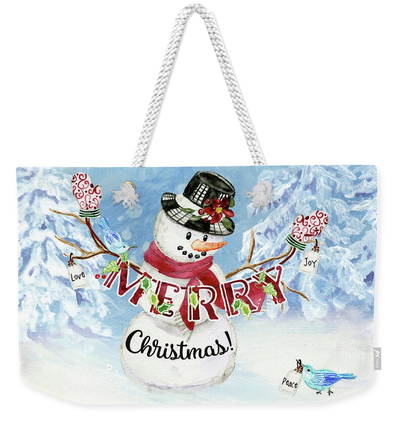 Snowman Weekender Tote Bag featuring the painting Snowman Christmas Love Joy Peace by Audrey Jeanne Roberts