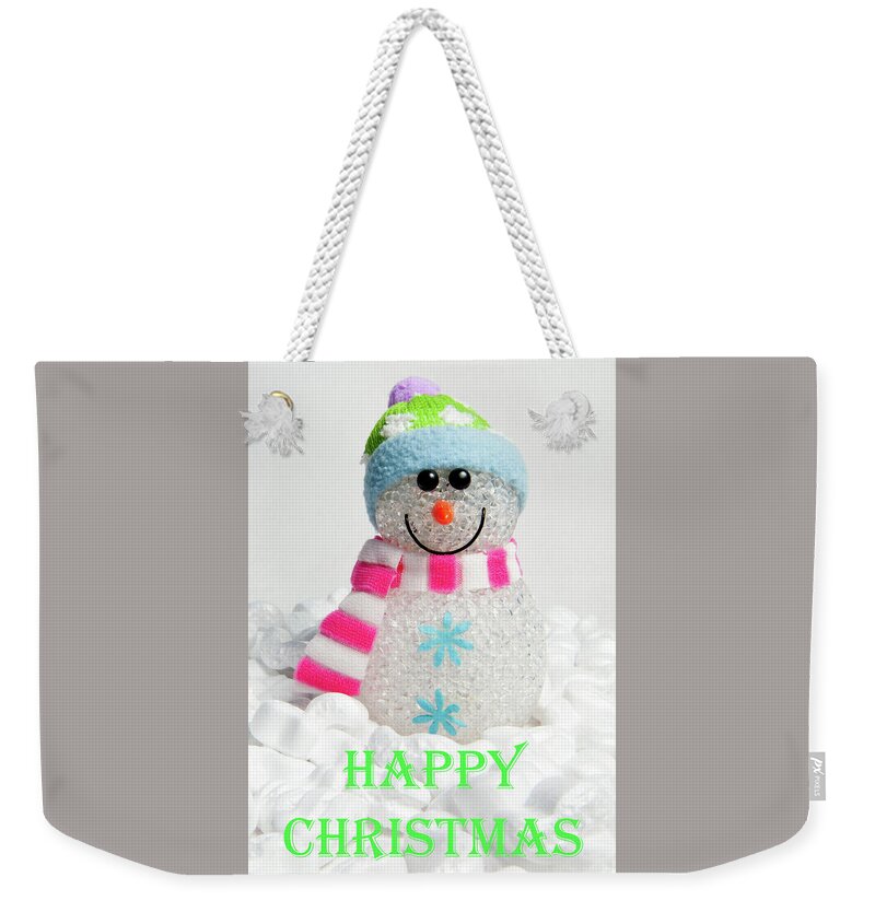 Christmas Weekender Tote Bag featuring the photograph Snowman - Happy Christmas by Helen Jackson