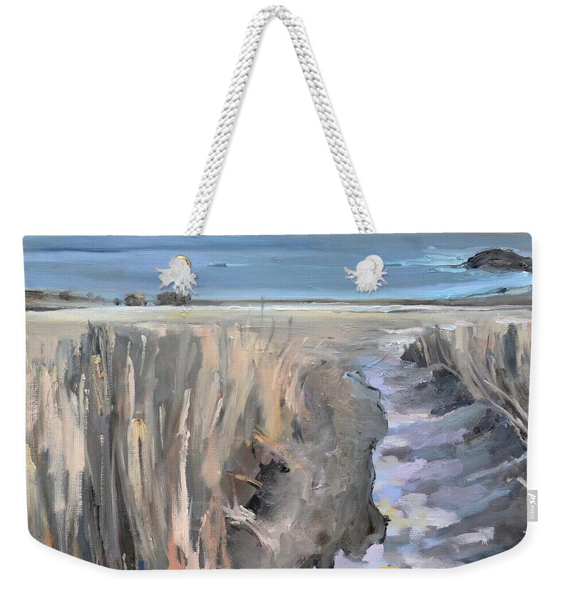 Scituate Weekender Tote Bag featuring the painting Snowy Beach at Scituate Massachusetts by Donna Tuten