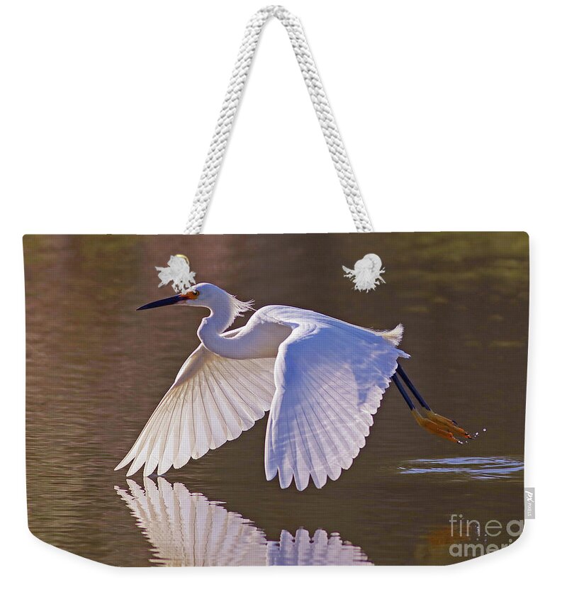 Snowy Egret Weekender Tote Bag featuring the photograph Snowy Egret Flight by Larry Nieland