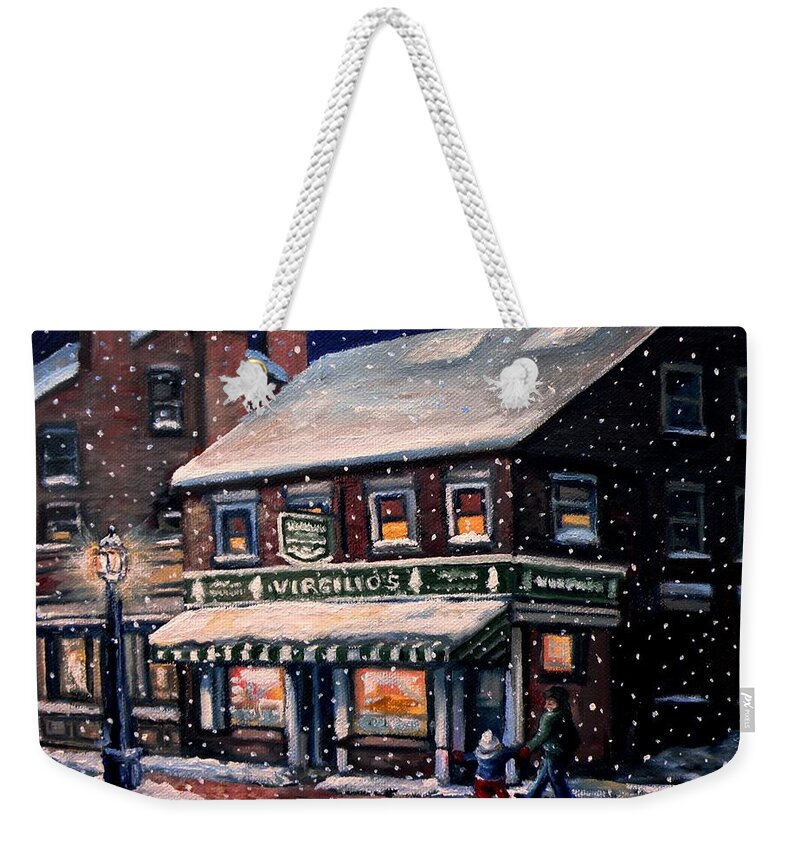 Winter Weekender Tote Bag featuring the painting Snowy Evening in Gloucester, MA by Eileen Patten Oliver
