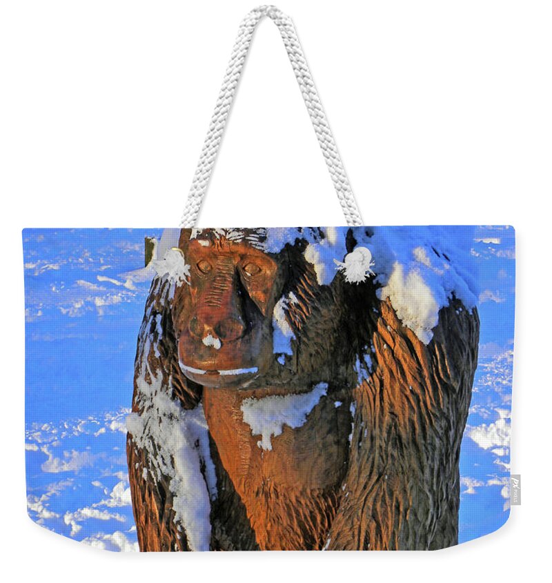 Snow Weekender Tote Bag featuring the photograph Snowy Gorilla by Lachlan Main