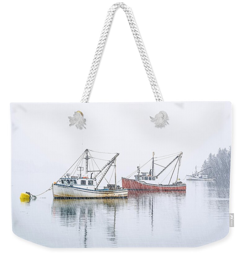 Down East Maine Weekender Tote Bag featuring the photograph Snowy Moorings by Marty Saccone