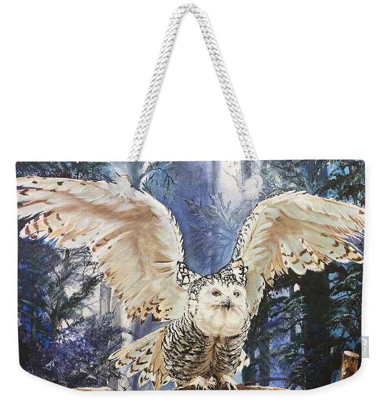 Owl Weekender Tote Bag featuring the painting Snowy Owl on Takeoff by Sharon Duguay