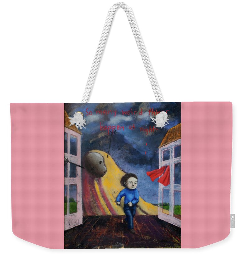 Text Weekender Tote Bag featuring the painting So Many Weird Things Happen at Night by Pauline Lim