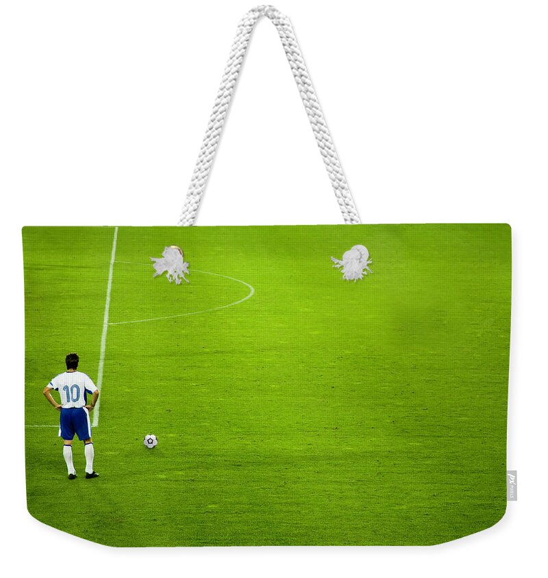 Ball Weekender Tote Bag featuring the photograph Soccer Field And Player With Space For by Ssuni