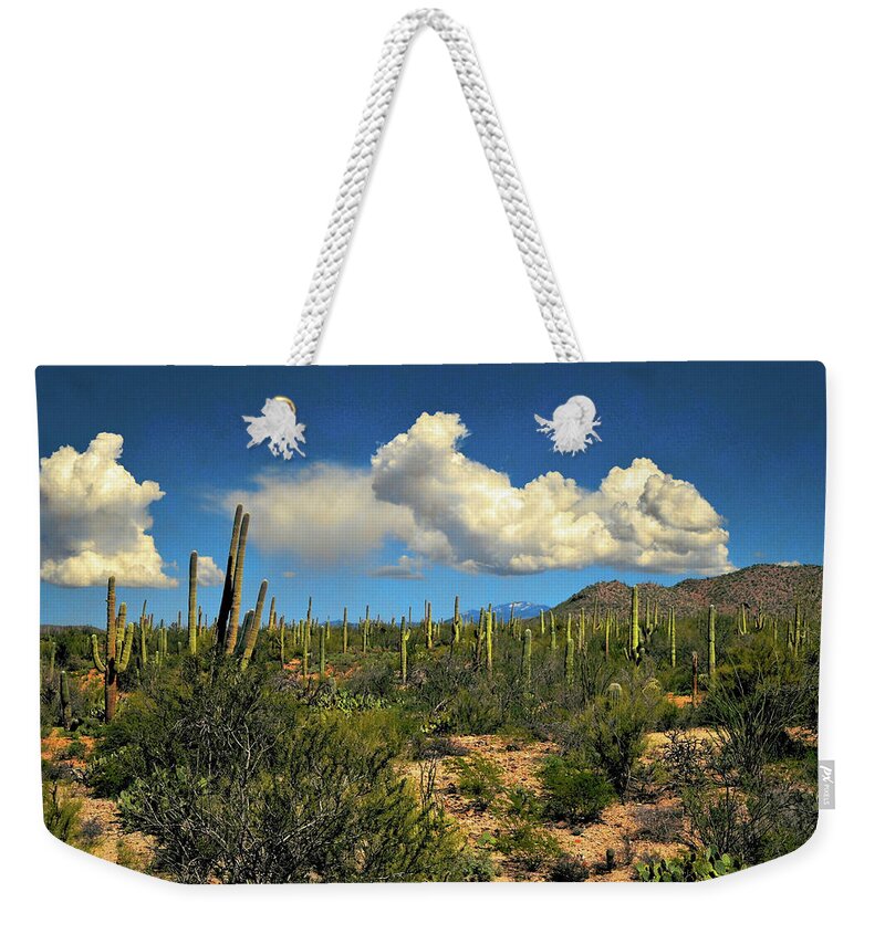 Tucson Weekender Tote Bag featuring the photograph Sonoran Cotton Ball Clouds by Chance Kafka