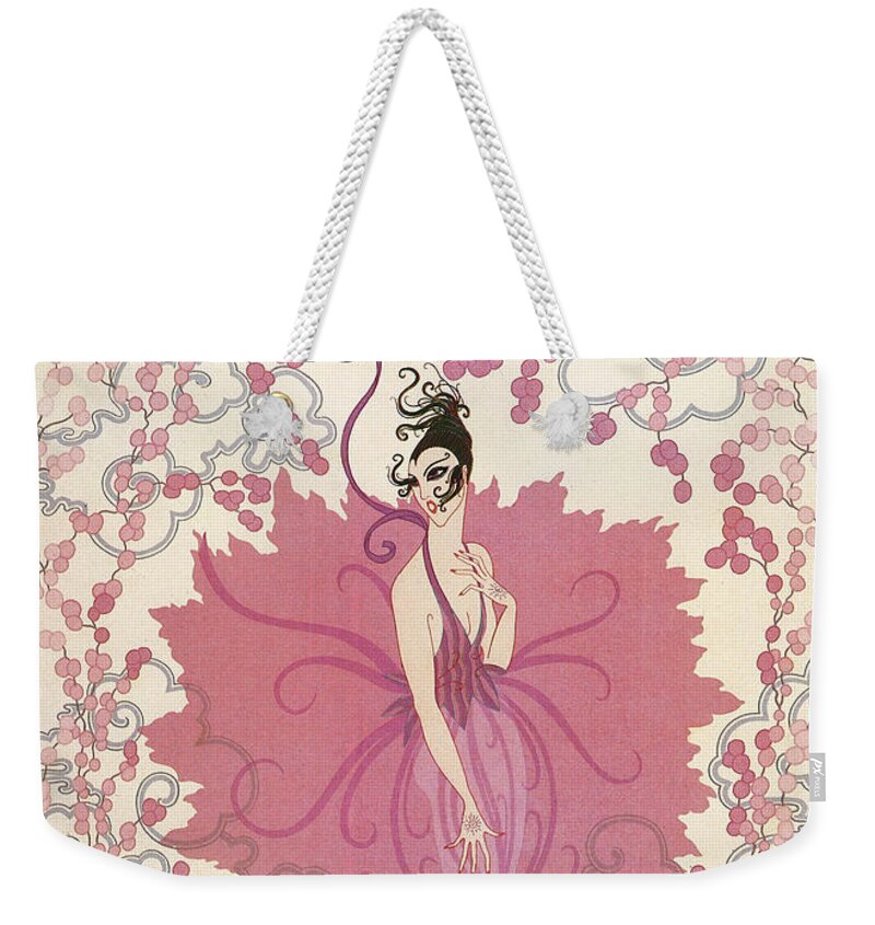 Rose Pink Weekender Tote Bag featuring the painting Sophisticated French Art Deco Woman Floral Fashion art by Tina Lavoie