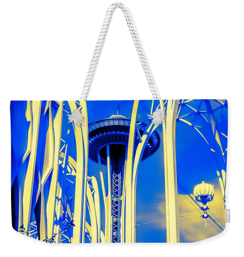Space Needle Weekender Tote Bag featuring the photograph Space Needle Blue and Yellow by Cathy Anderson