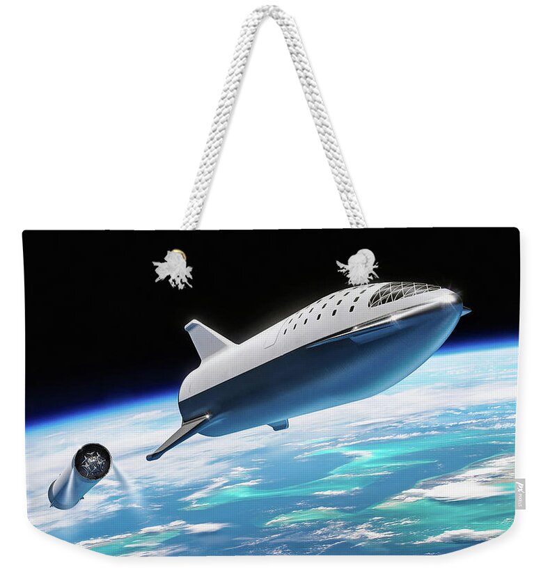 Spacex Weekender Tote Bag featuring the digital art SpaceX BFR Big Falcon Rocket with Earth by Pic by SpaceX Edit by M Hauser