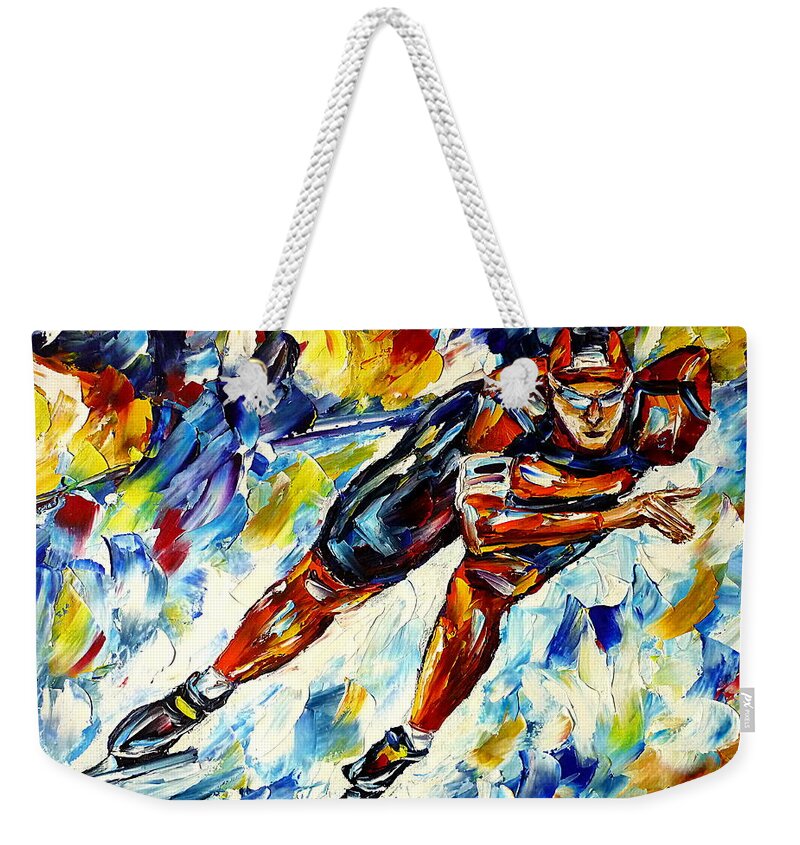I Love Speed Skating Weekender Tote Bag featuring the painting Speed Skater by Mirek Kuzniar