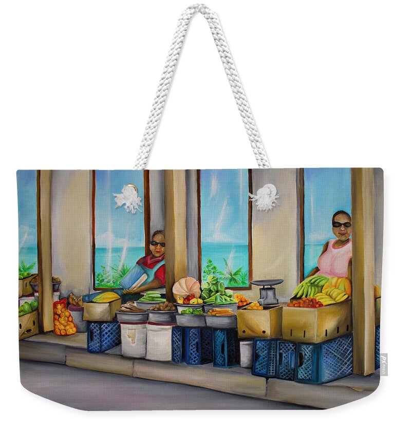 Speightstown Weekender Tote Bag featuring the painting Speightstown Produce Ladies by Barbara Noel