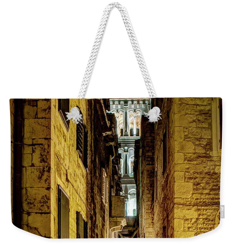 Split Cathedral Weekender Tote Bag featuring the photograph Split Cathedral from the temple of Jupiter at night Croatia by Weston Westmoreland