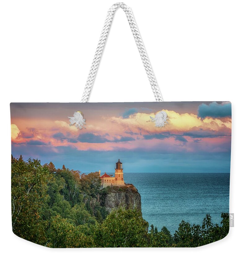 Lighthouse Weekender Tote Bag featuring the photograph Split Rock Lighthouse at Sunset by Susan Rissi Tregoning
