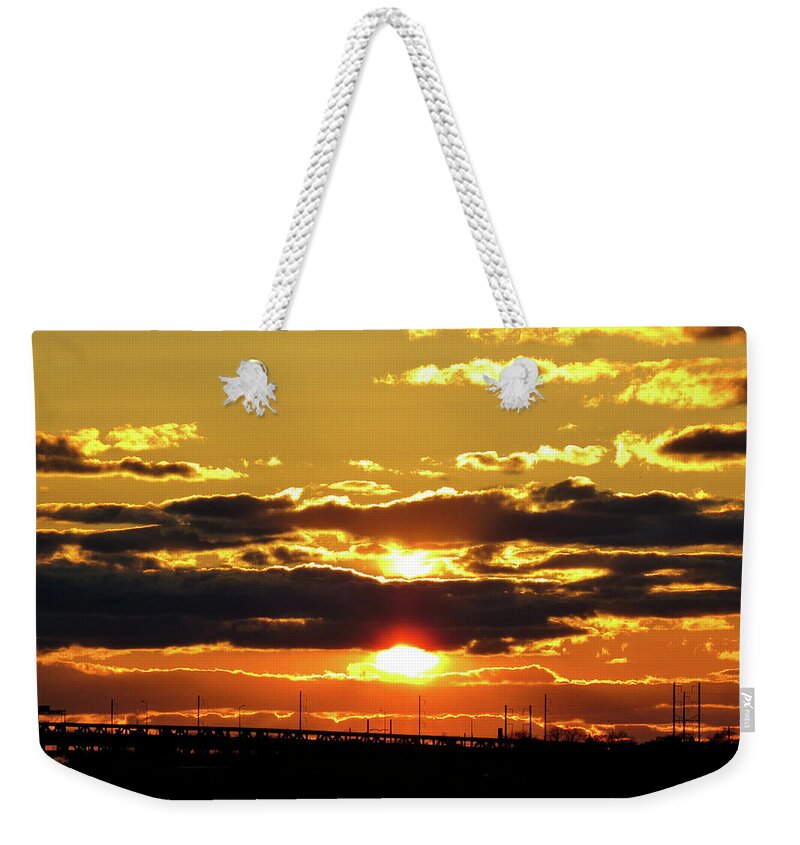 Sunset Weekender Tote Bag featuring the photograph Split Sunset over Philadelphia by Linda Stern