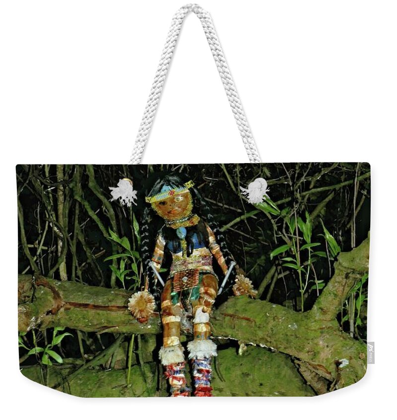 Doll Weekender Tote Bag featuring the photograph Spooky doll in forest by Martin Smith