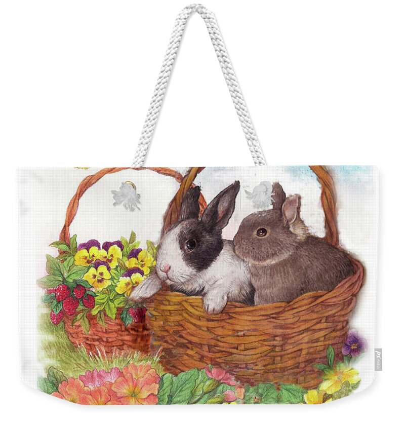 Illustrated Spring Garden Weekender Tote Bag featuring the painting Spring Garden with Bunnies, Butterfly by Judith Cheng