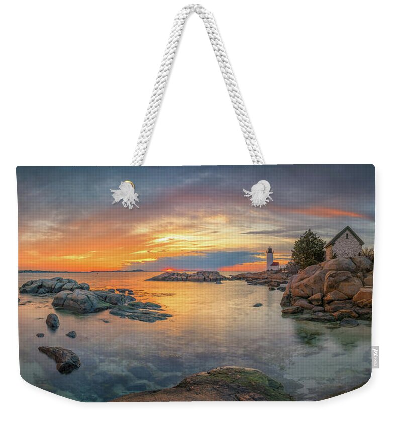 Annisquam Weekender Tote Bag featuring the photograph Spring Sunset Panorama at Annisquam Lighthouse by Kristen Wilkinson