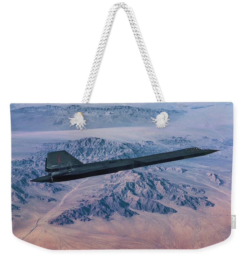 Lockheed Skunk Works Weekender Tote Bag featuring the mixed media SR-71A Blackbird Over the Desert by Erik Simonsen