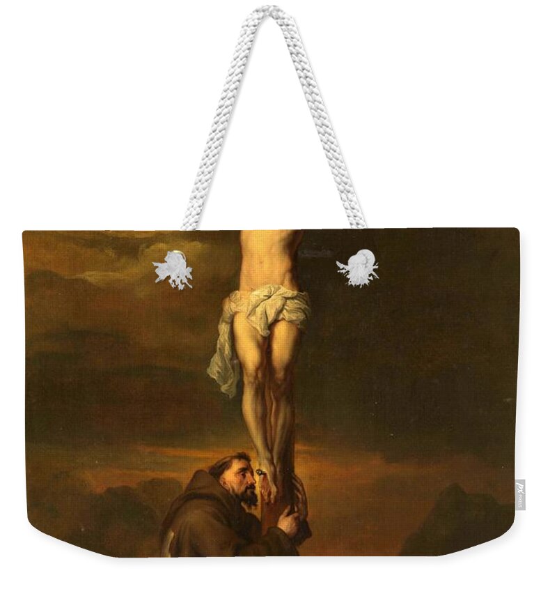 Christ Weekender Tote Bag featuring the painting St Francis at the Foot of the Cross by Vincent Monozlay