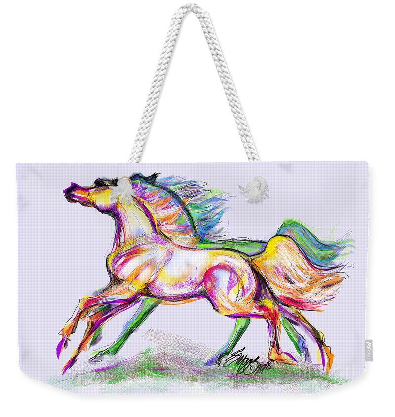 Equine Artist Stacey Mayer Weekender Tote Bag featuring the digital art Crayon Bright Horses by Stacey Mayer