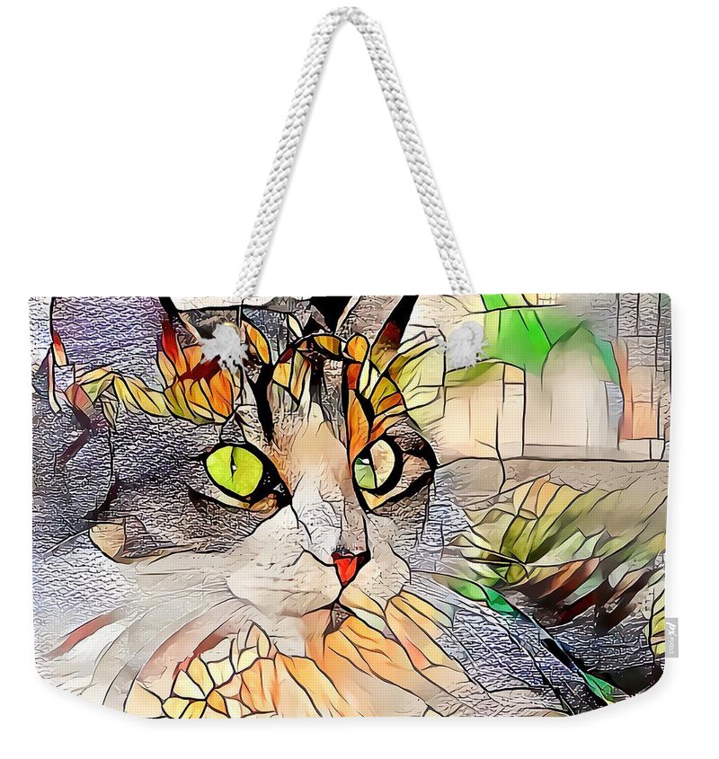 Glass Weekender Tote Bag featuring the digital art Stained Glass Cat Profile by Don Northup