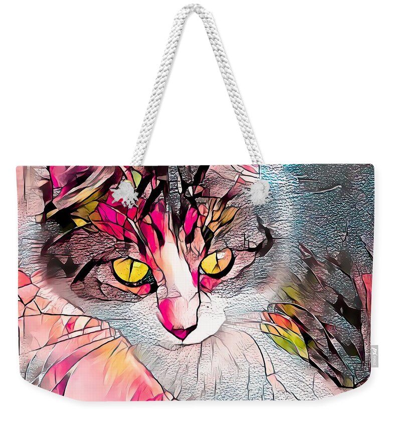 Glass Weekender Tote Bag featuring the digital art Stained Glass Cat Stare Golden Eyes by Don Northup