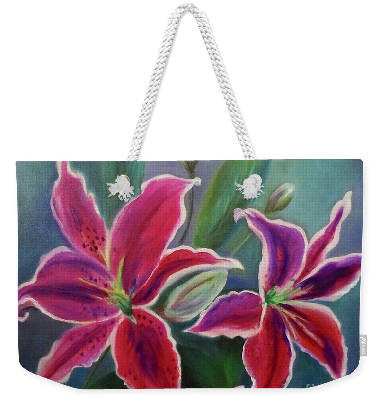 Pink Lilies Weekender Tote Bag featuring the painting Stargazer Lilies by Jenny Lee