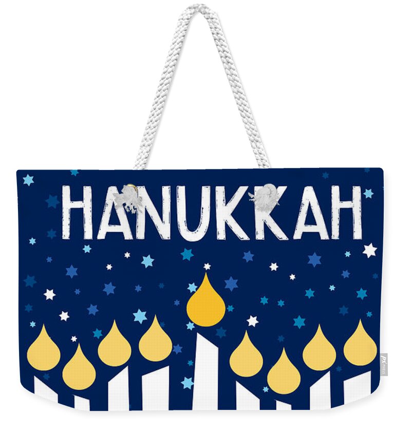 Hanukkah Weekender Tote Bag featuring the mixed media Starry Night Hanukkah Menorah- Art by Linda Woods by Linda Woods
