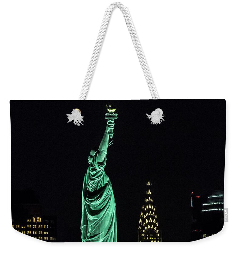 Statue Of Liberty Weekender Tote Bag featuring the photograph Statue of Liberty and Chrysler Building by Zawhaus Photography