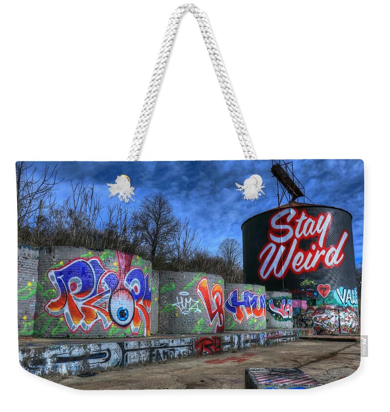 Stay Wired Asheville Weekender Tote Bag featuring the photograph Stay Weird Asheville by Carol Montoya