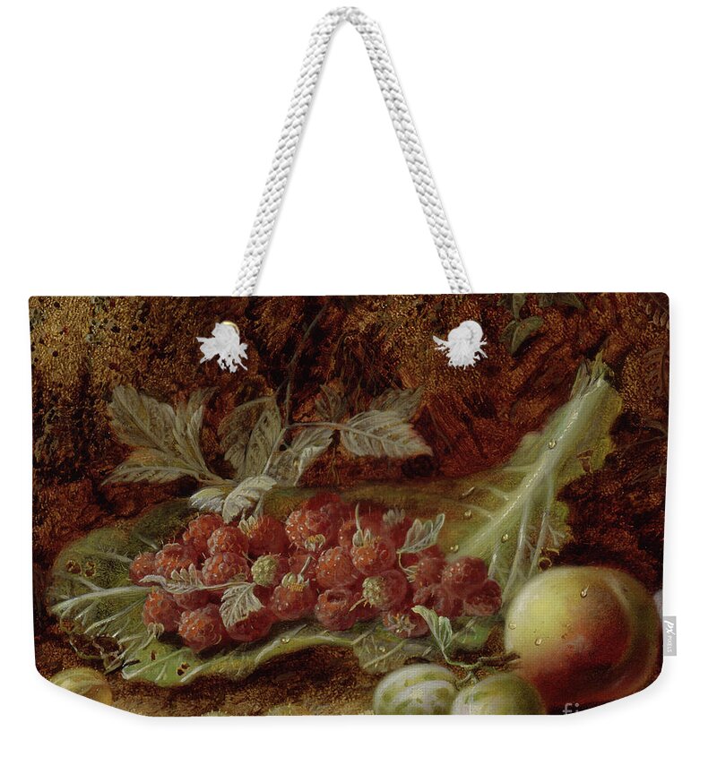 Raspberries Weekender Tote Bag featuring the painting Still life of raspberries, gooseberries, peach and plums on a mossy bank by Oliver Clare
