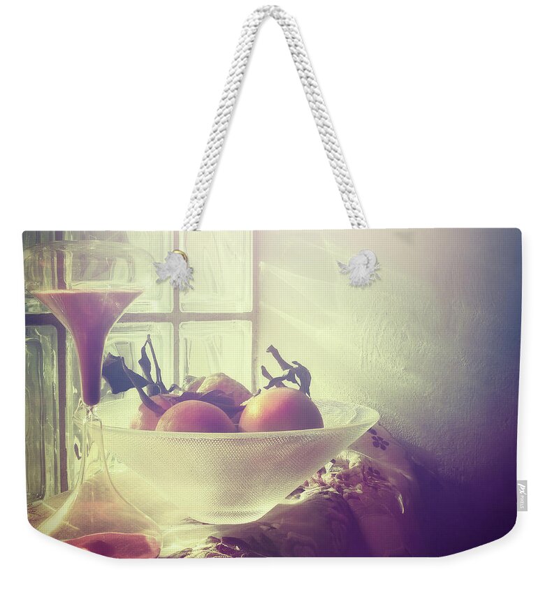 Orange Color Weekender Tote Bag featuring the photograph Still Life With Hourglass And Agrumes by Marco Misuri