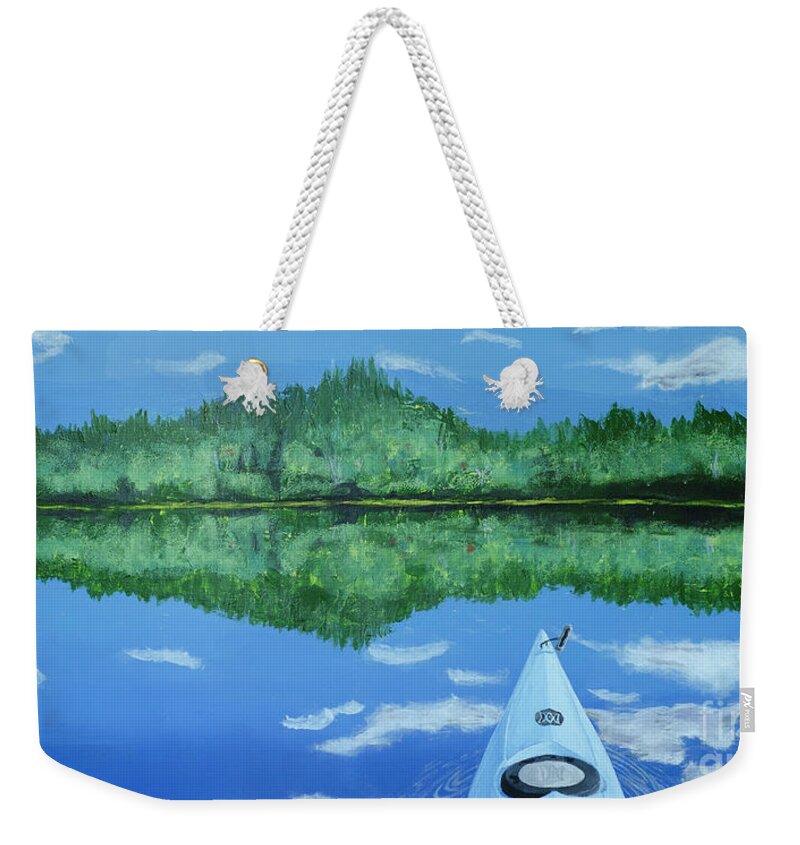 Kayak Weekender Tote Bag featuring the painting Still Reflective by Laurel Best