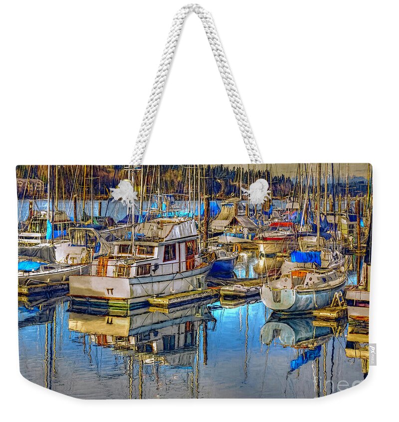 Sailboats Weekender Tote Bag featuring the digital art Still Water Masts by Jean OKeeffe Macro Abundance Art