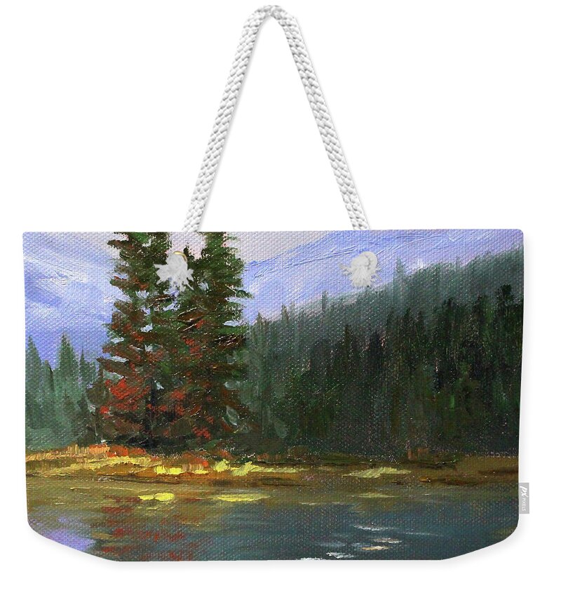Northwest River Weekender Tote Bag featuring the painting Still Waters Landscape by Nancy Merkle