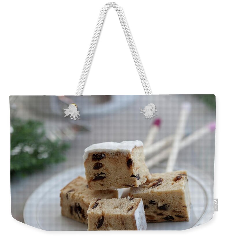 Ip_12101734 Weekender Tote Bag featuring the photograph Stollen Cubes On Skewers For Fondue by Martina Schindler