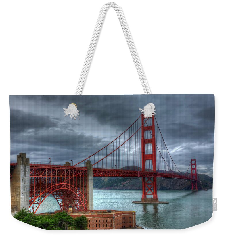 Landscape Weekender Tote Bag featuring the photograph Stormy Golden Gate Bridge by Harry B Brown