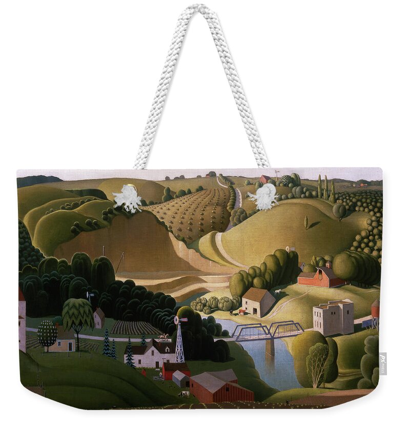 Grant Wood Weekender Tote Bag featuring the painting Stone City, 1930 by Grant Wood