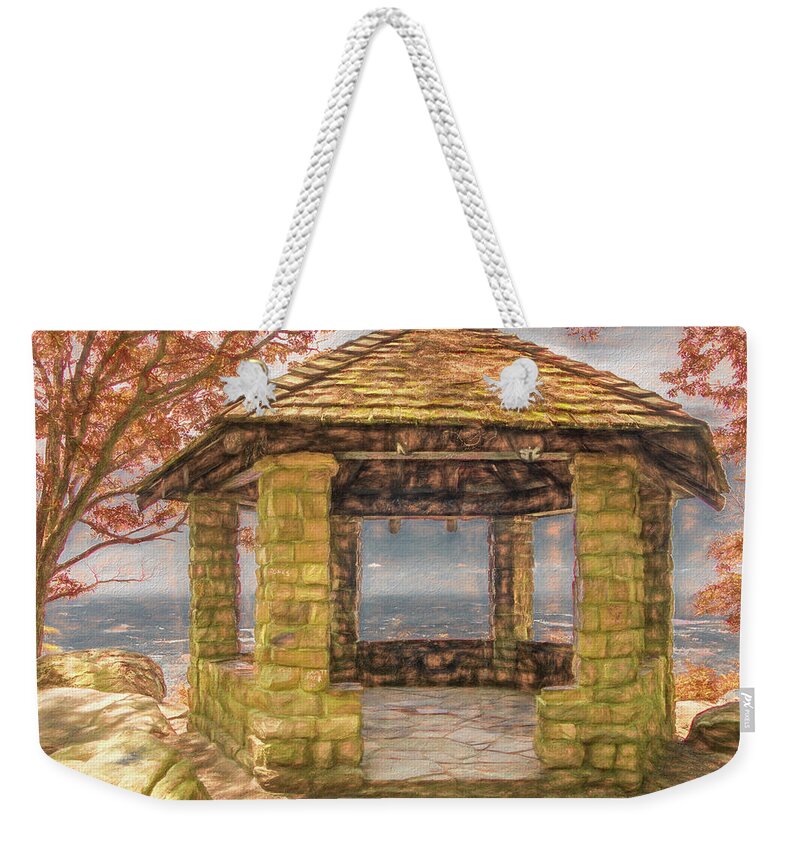 Tennessee Weekender Tote Bag featuring the photograph Stone Gazebo Atop Chilhowee Mountain, Painterly   by Marcy Wielfaert