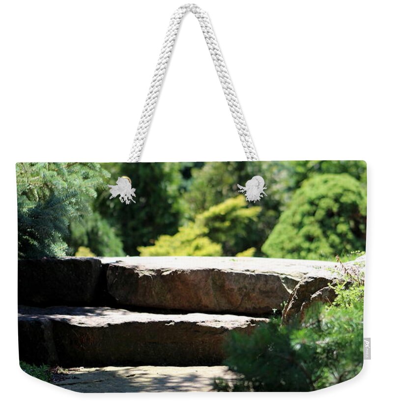 Garden Stairs Weekender Tote Bag featuring the photograph Stone Stairs in Chicago Botanical Gardens by Colleen Cornelius