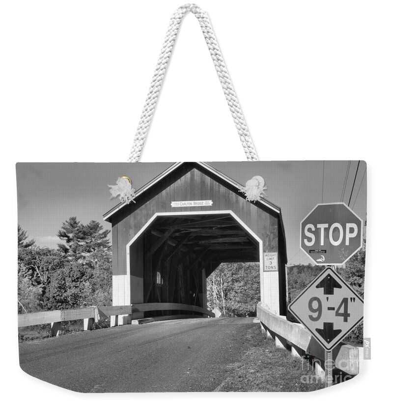 Carleton Covered Bridge Weekender Tote Bag featuring the photograph Stop At The Carleton Covered Bridge Black And White by Adam Jewell