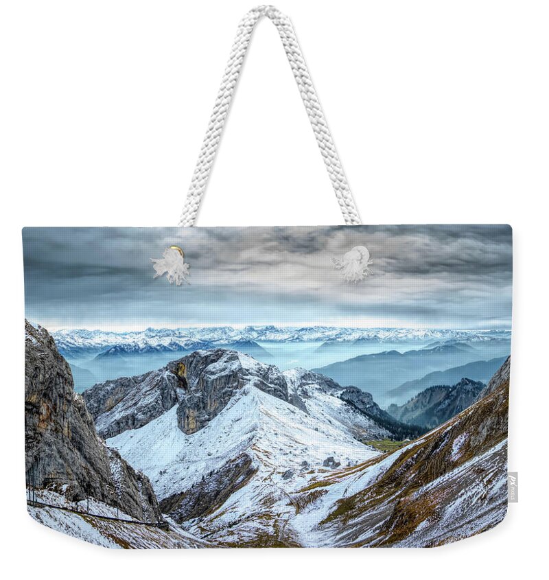 Mountains Weekender Tote Bag featuring the photograph Stormy Mountains Panorama, Mount Pilatus, Switzerland by Rick Deacon
