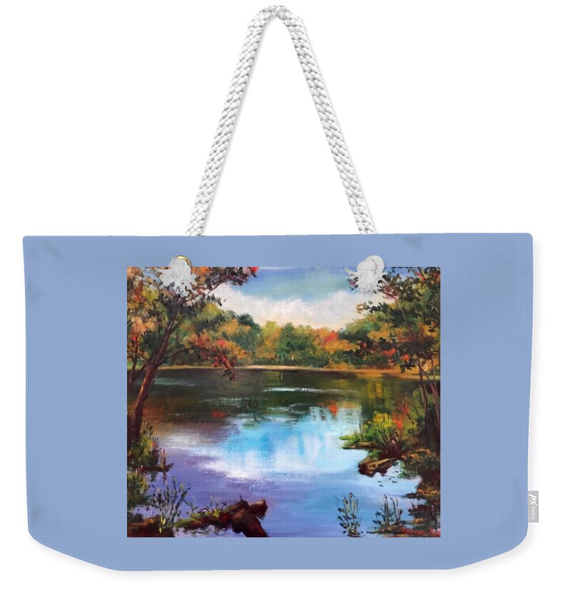 Pond Weekender Tote Bag featuring the painting Storrow Pond, Hale by Maureen Obey