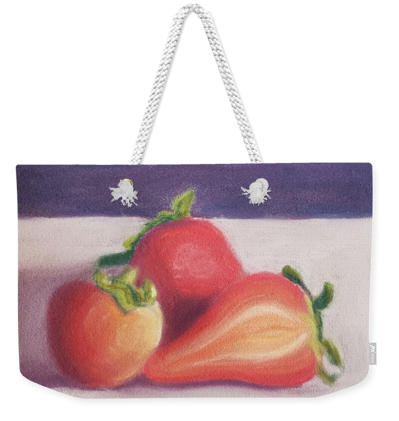 Strawberries Weekender Tote Bag featuring the pastel Strawberries on Purple by Alexis King-Glandon